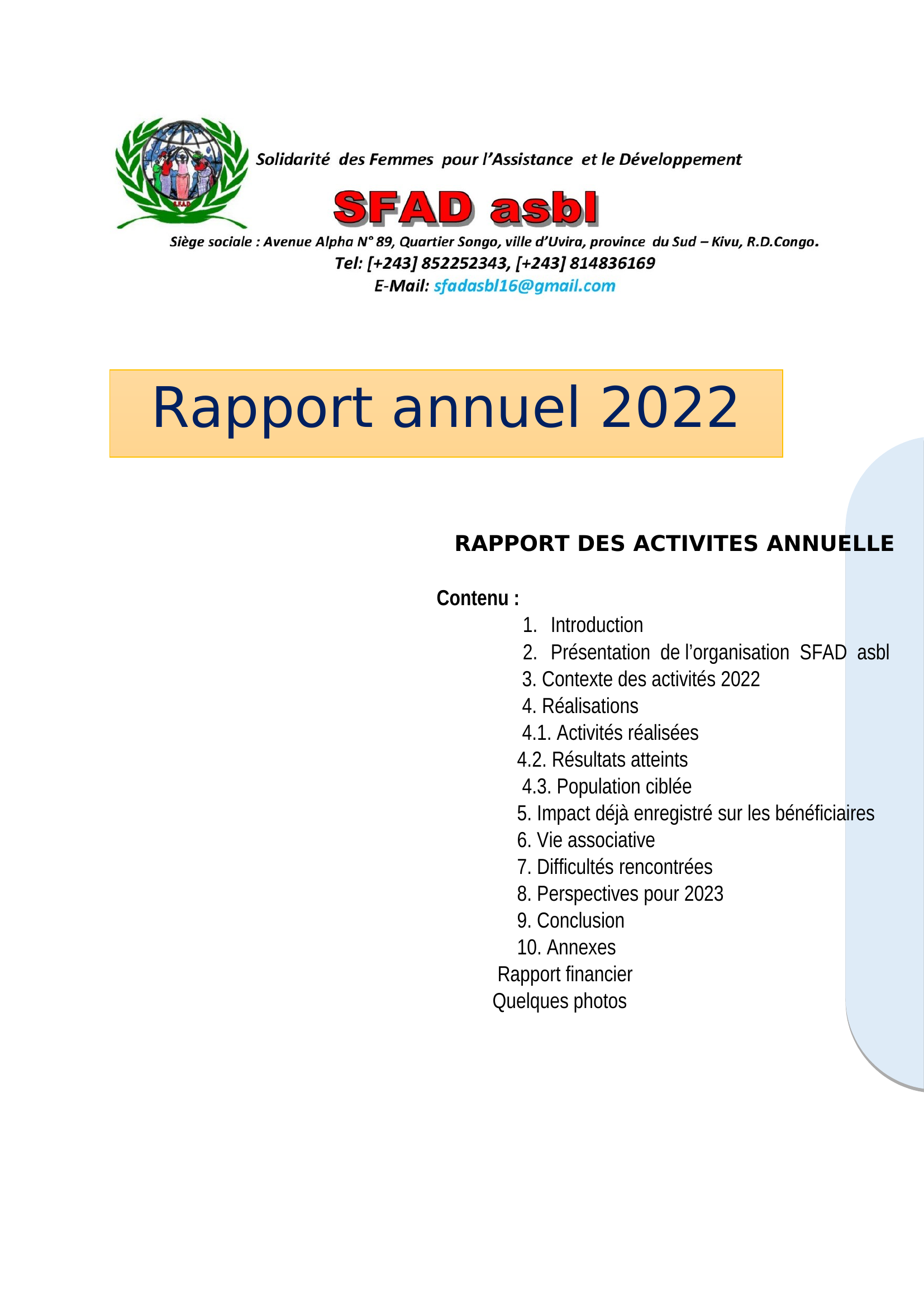 Rapports Annuels - SFAD Asbl